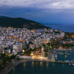 Aerial panoramic view of Volos city at twilight Magnesia