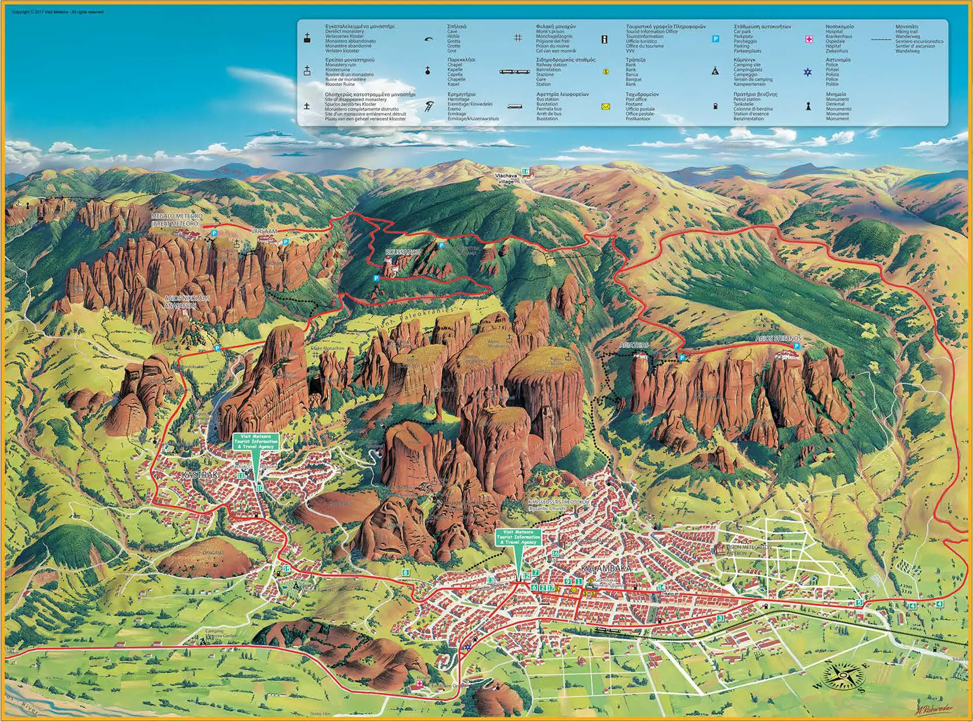 Map showing Meteora monasteries, Kalambaka and Kastraki