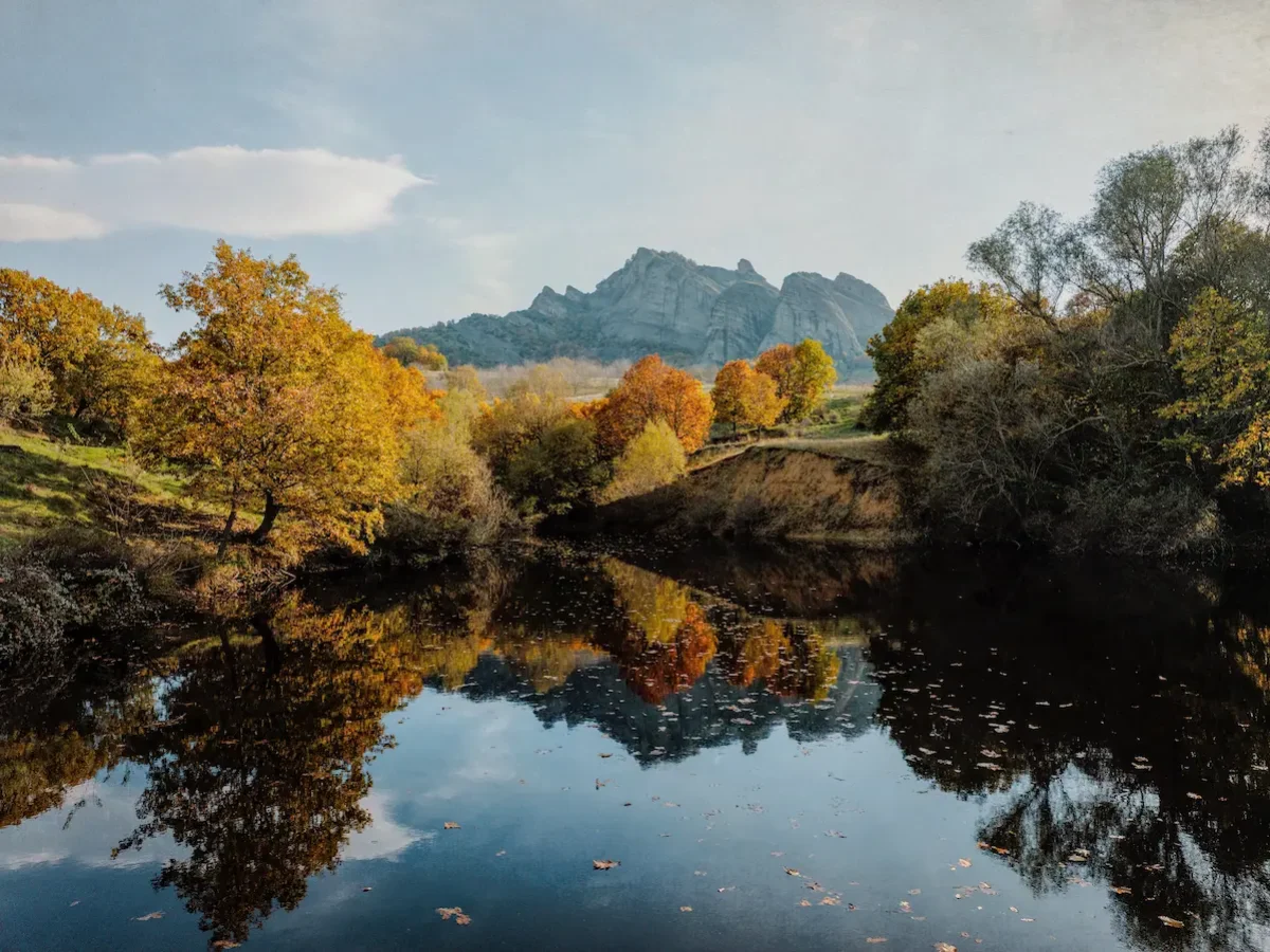 Autumn landscape with mountain reflection near Gavros village.